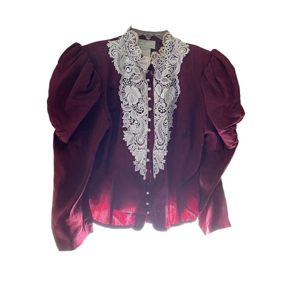 Jessica McClintock. Vintage burgundy lace trim, puffy sleeve button-down blouse - Picture 1 of 9